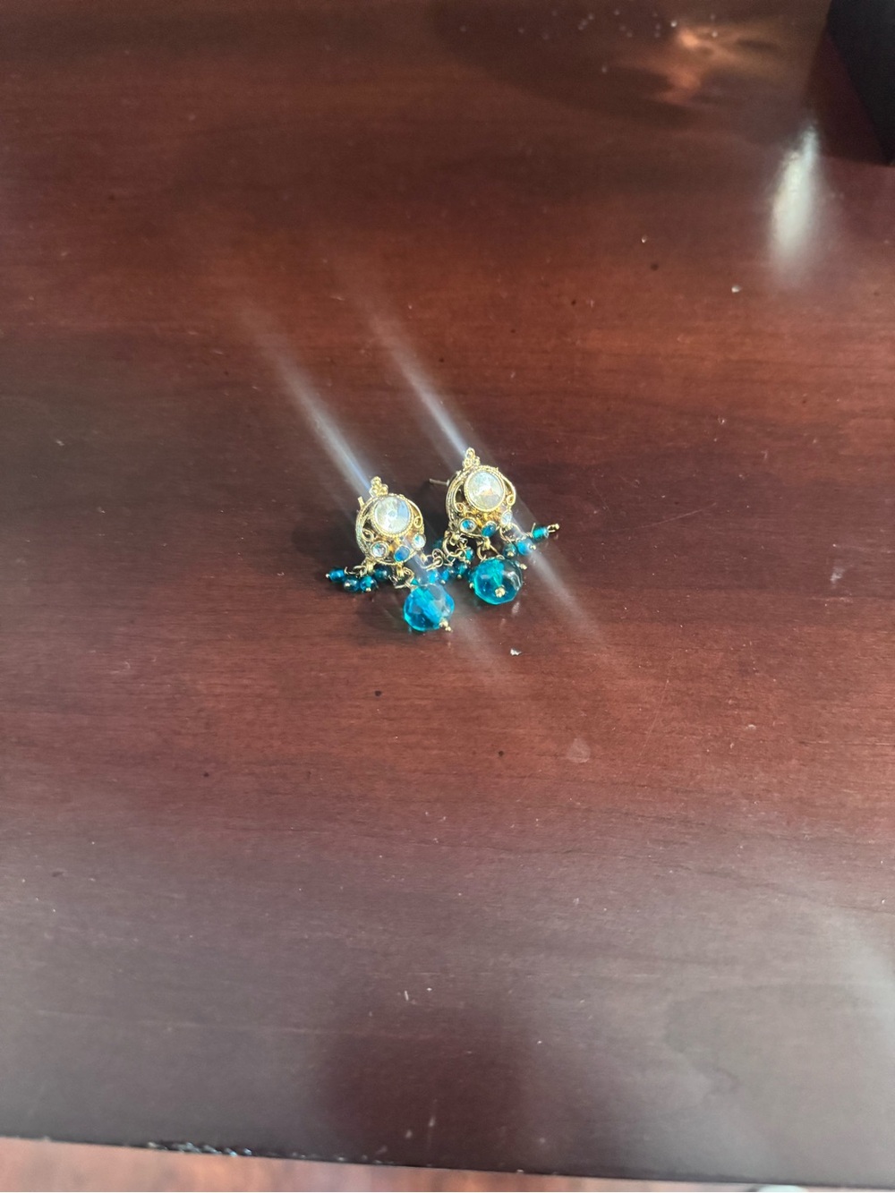 Gold and Teal Crystal Dangle Earrings - Women Jewelry